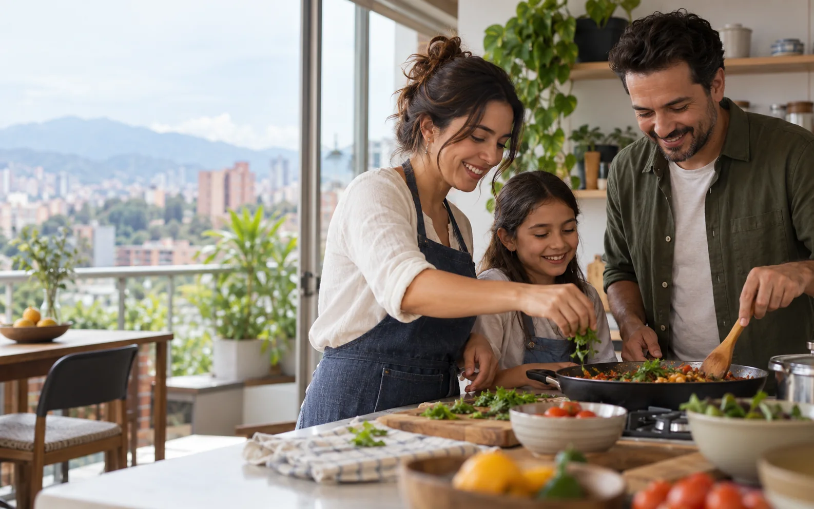 Una familia comparte la preparación de alimentos en casa
